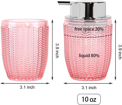 Bathroom Accessories Set of 3, Pink Glass Toothbrush Holder and Foam Soap Dispenser Set, Bathroom Foaming Soap Dispenser, Tumbler, Toothpaste and Tooth Brush Cup Holder for Countertop Decor