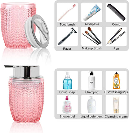 Bathroom Accessories Set of 3, Pink Glass Toothbrush Holder and Foam Soap Dispenser Set, Bathroom Foaming Soap Dispenser, Tumbler, Toothpaste and Tooth Brush Cup Holder for Countertop Decor