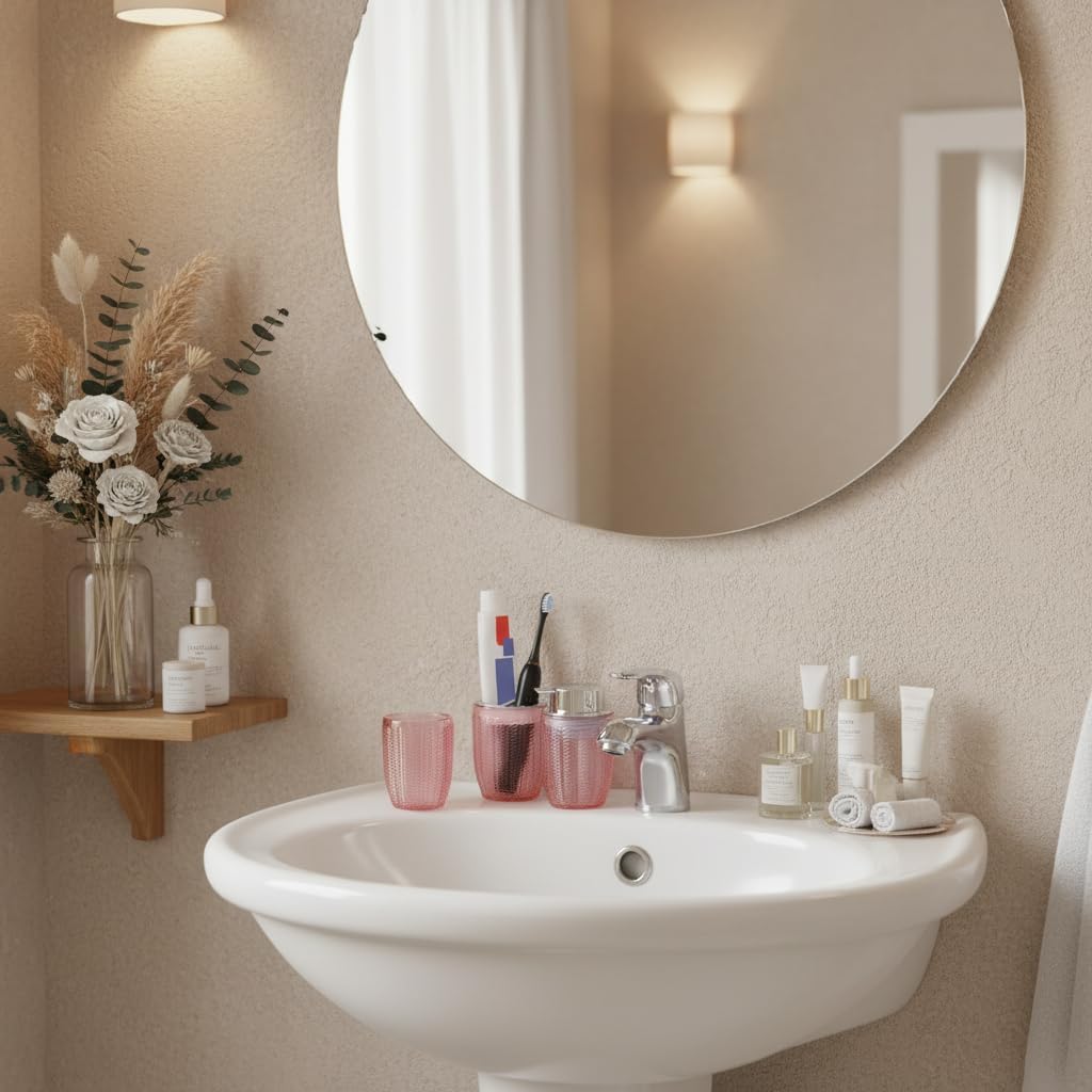 Bathroom Accessories Set of 3, Pink Glass Toothbrush Holder and Foam Soap Dispenser Set, Bathroom Foaming Soap Dispenser, Tumbler, Toothpaste and Tooth Brush Cup Holder for Countertop Decor