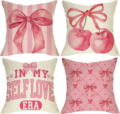 Pink Coquette Bow Decorative Throw Pillow Covers 18 x 18 Set of 4