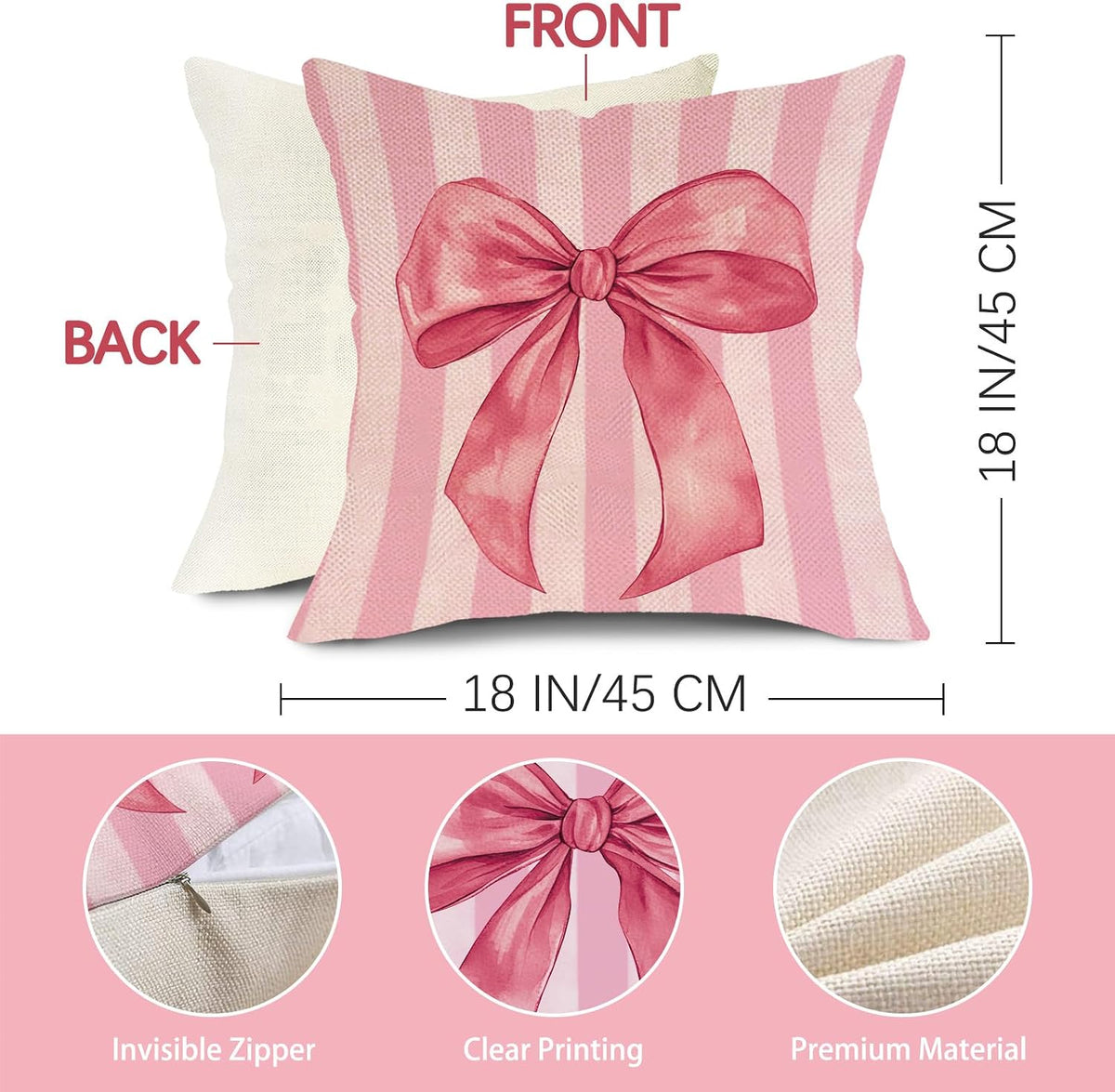 Pink Coquette Bow Decorative Throw Pillow Covers 18 x 18 Set of 4