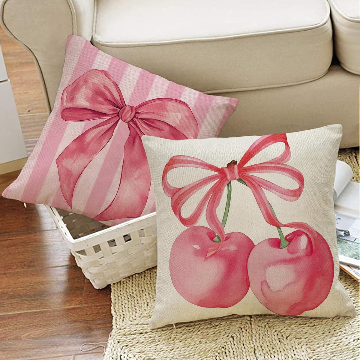 Pink Coquette Bow Decorative Throw Pillow Covers 18 x 18 Set of 4