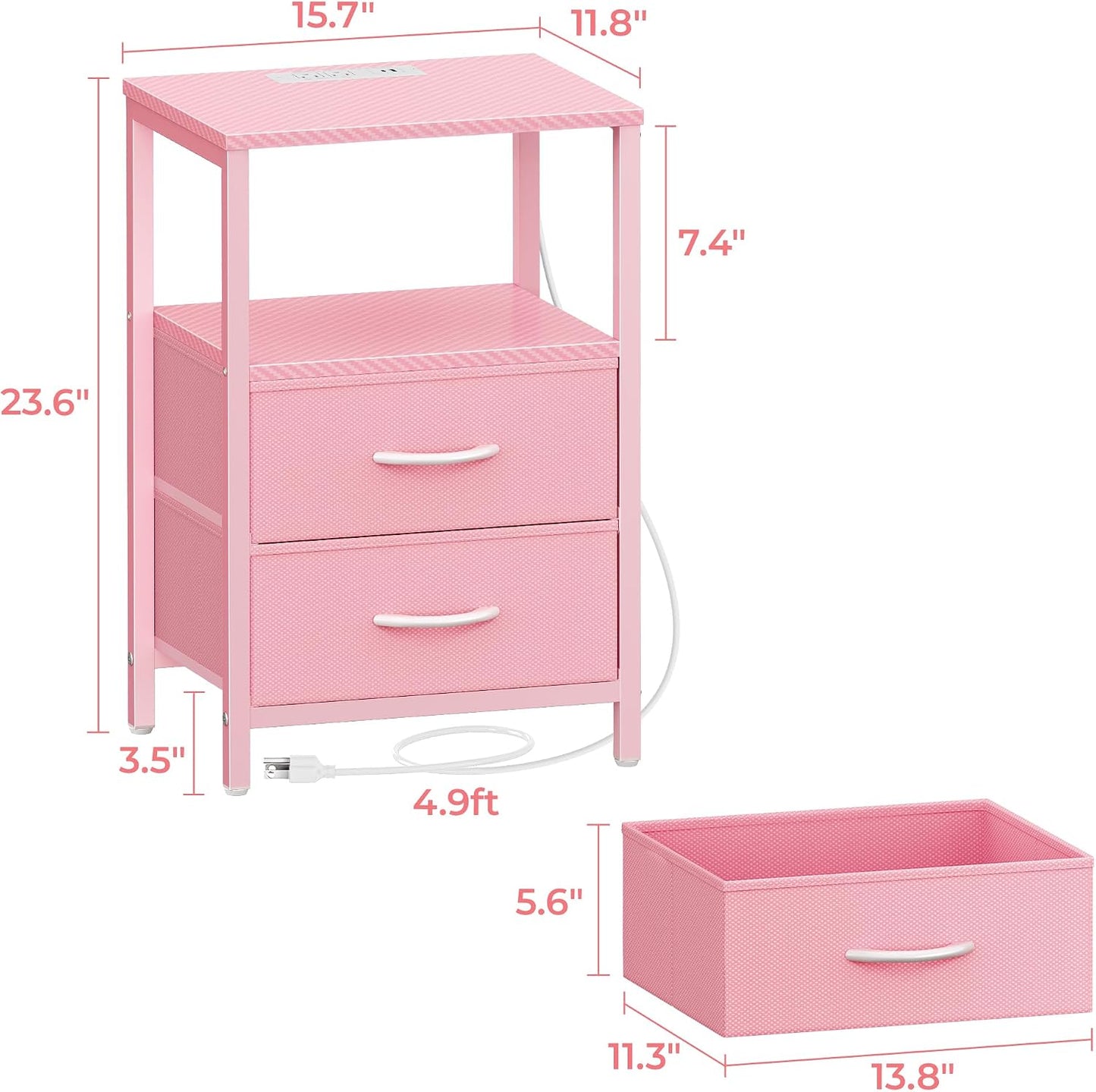 Nightstand with Charging Station, Side Table with Fabric Drawers, End Table with Open Shelf, Bedside Table with USB Ports and Outlets, Night Stand for Bedroom, Pink