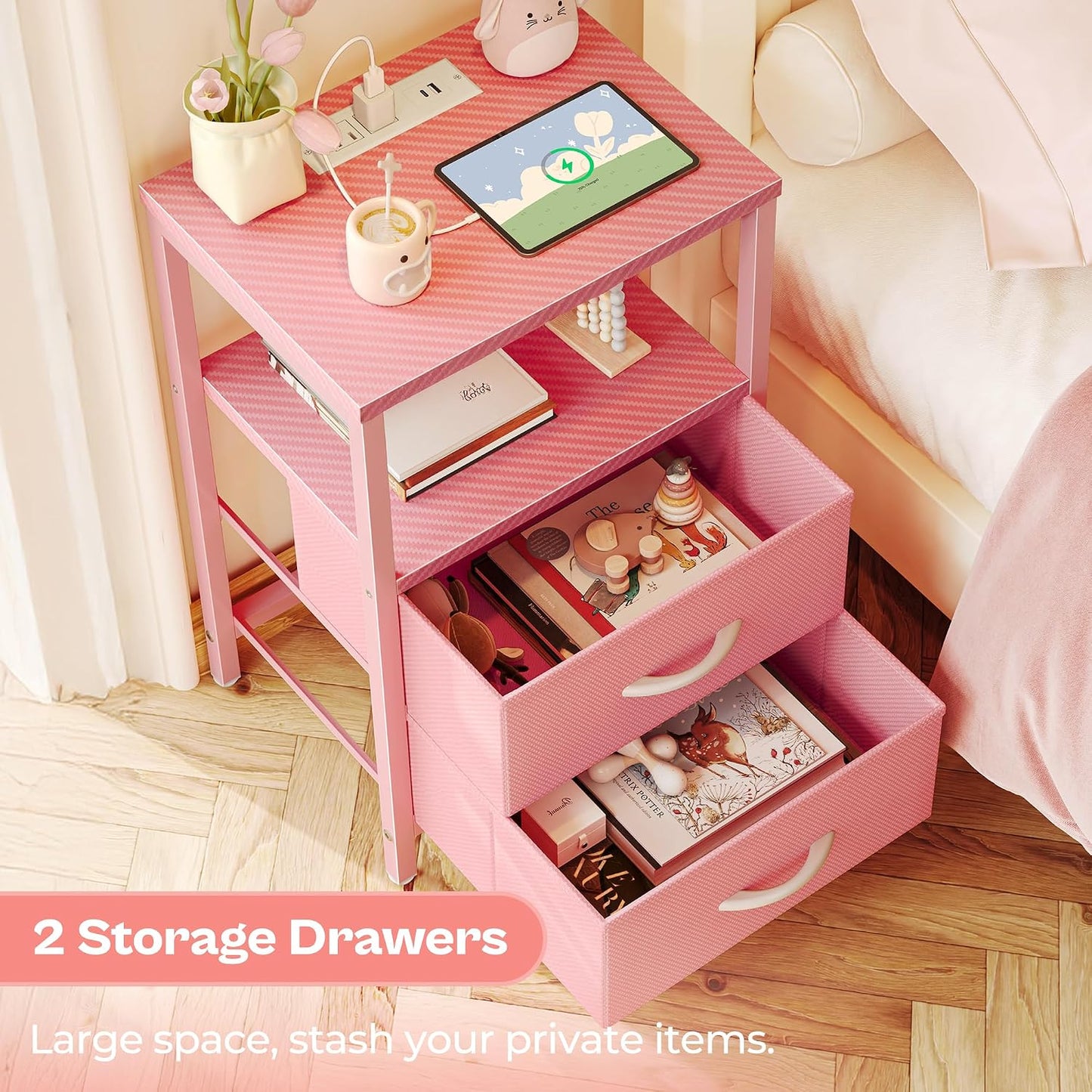 Nightstand with Charging Station, Side Table with Fabric Drawers, End Table with Open Shelf, Bedside Table with USB Ports and Outlets, Night Stand for Bedroom, Pink