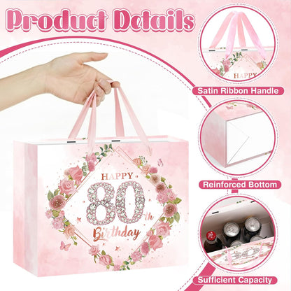 Happy 80th Birthday Gift Bag Decorations for Women Pink 80th Birthday Wrapping Paper Bag with Tissue Paper Card Floral 80 Year Old Party Favor Wrap Bags for Her Mom Wife 80 & Fabulous Bday Supplies