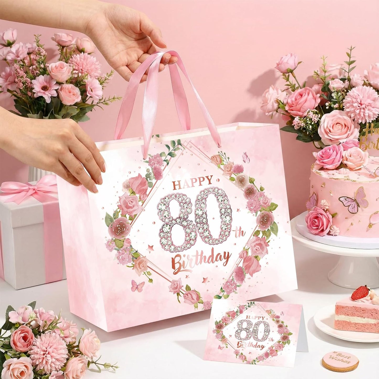 Happy 80th Birthday Gift Bag Decorations for Women Pink 80th Birthday Wrapping Paper Bag with Tissue Paper Card Floral 80 Year Old Party Favor Wrap Bags for Her Mom Wife 80 & Fabulous Bday Supplies