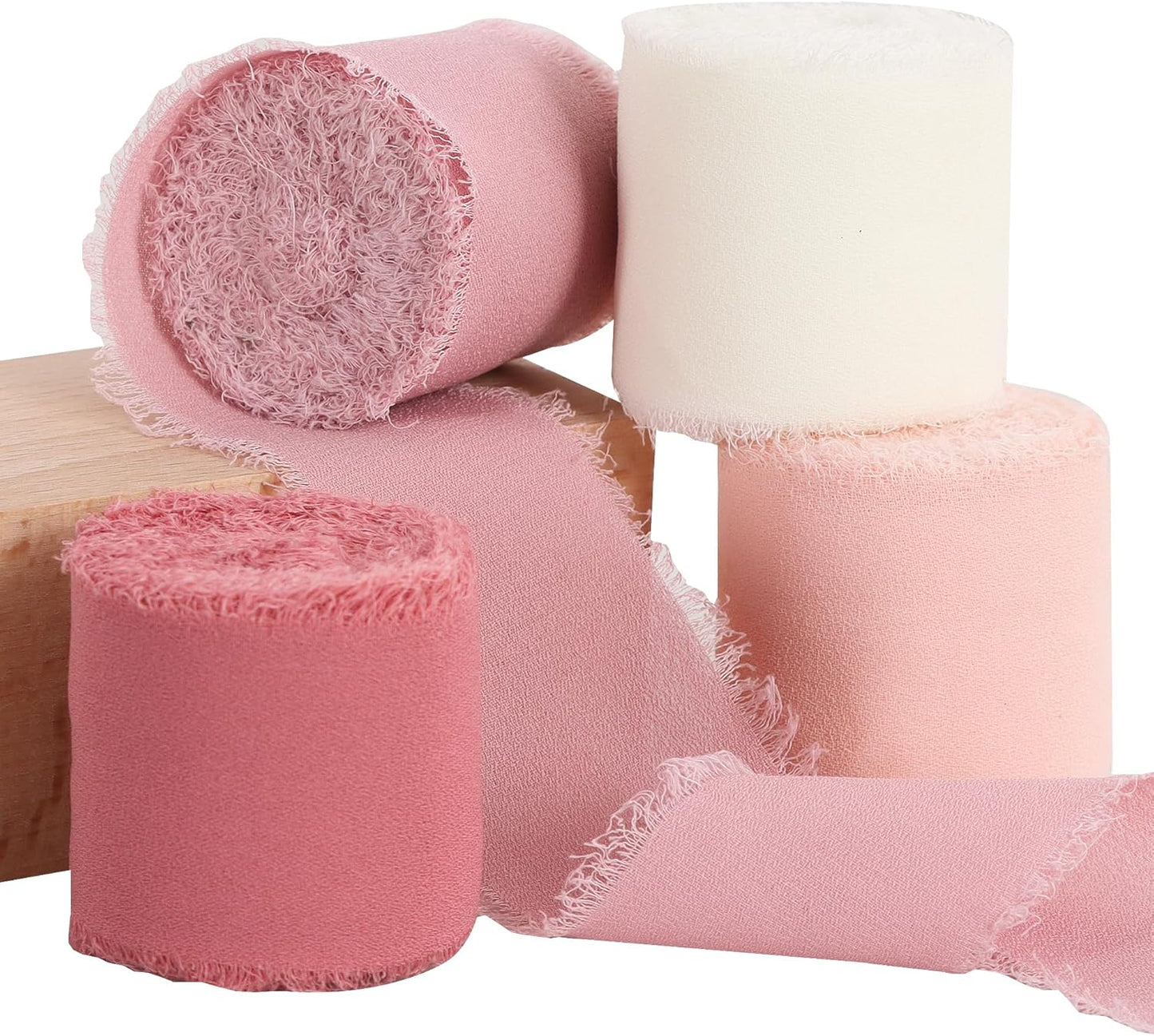 4 Rolls Silk Chiffon Ribbon, 1-1/2 Inch x 22yds Dusty Pink and Cream Chiffon Ribbons Set, Handmade Fringe Valentine Ribbon for Gift Wrapping Bridal Bouquets Wedding Valentine Day Decoration