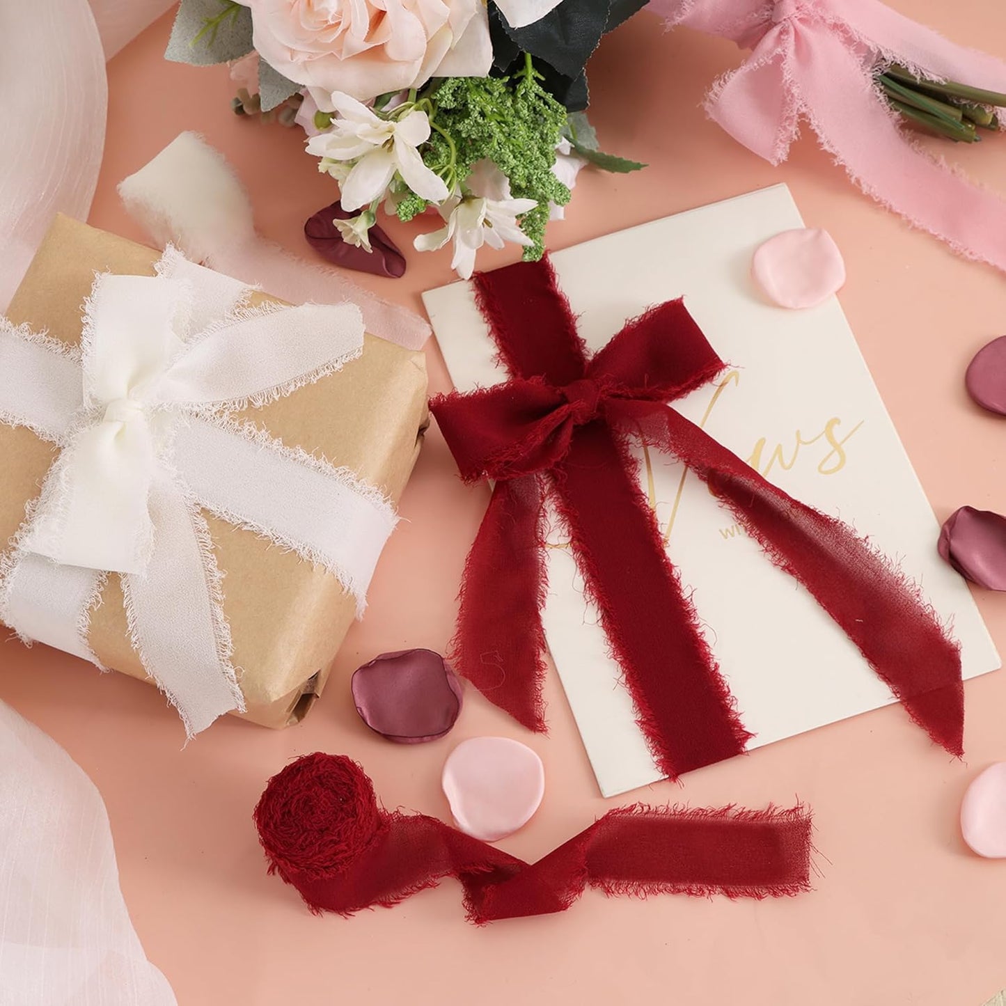 4 Rolls Silk Chiffon Ribbon, 1-1/2 Inch x 22yds Dusty Pink and Cream Chiffon Ribbons Set, Handmade Fringe Valentine Ribbon for Gift Wrapping Bridal Bouquets Wedding Valentine Day Decoration
