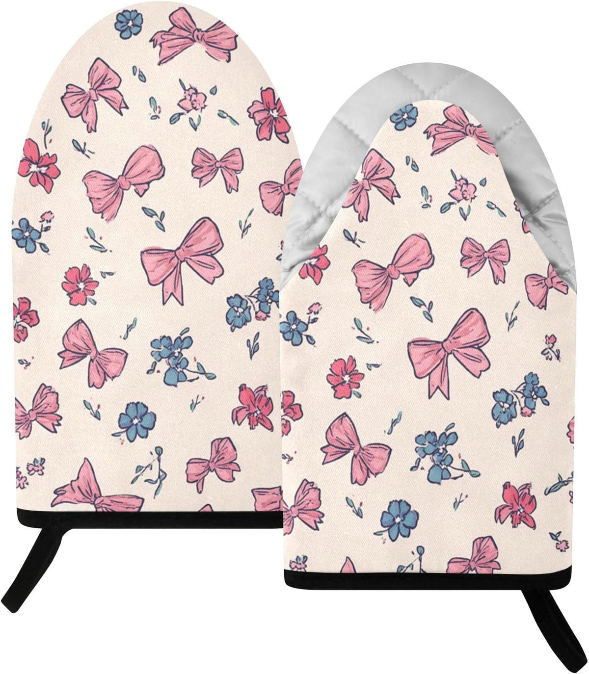 Pink Bows Blue Rose 2pcs Oven Mitts Heat Resistant Kitchen Gloves Great Gift for Cooking Baking