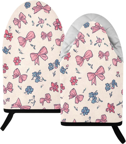 Pink Bows Blue Rose 2pcs Oven Mitts Heat Resistant Kitchen Gloves Great Gift for Cooking Baking