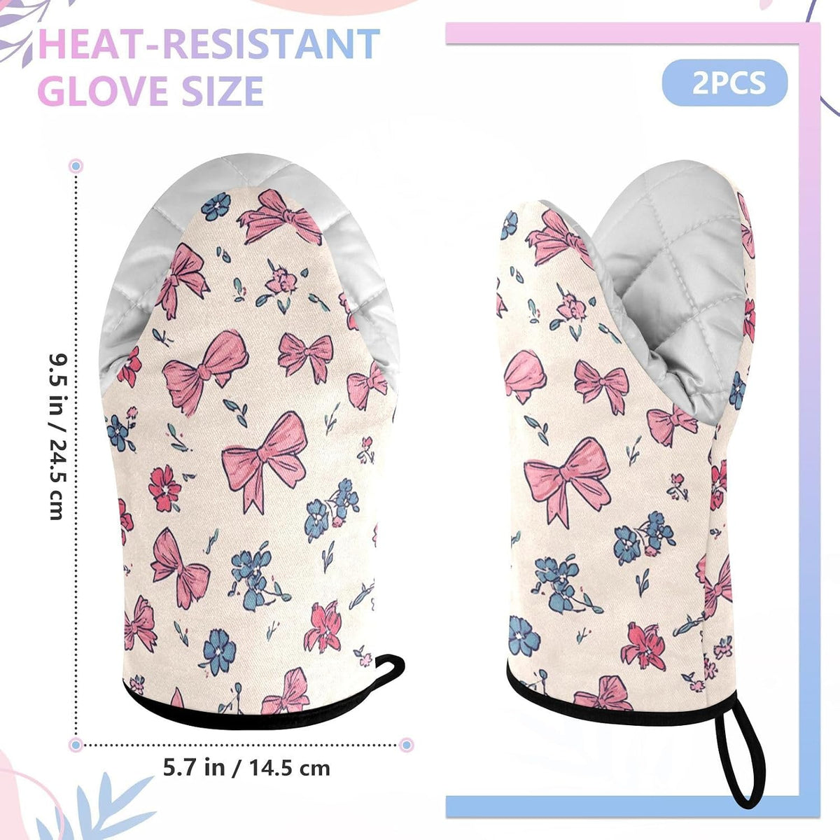 Pink Bows Blue Rose 2pcs Oven Mitts Heat Resistant Kitchen Gloves Great Gift for Cooking Baking