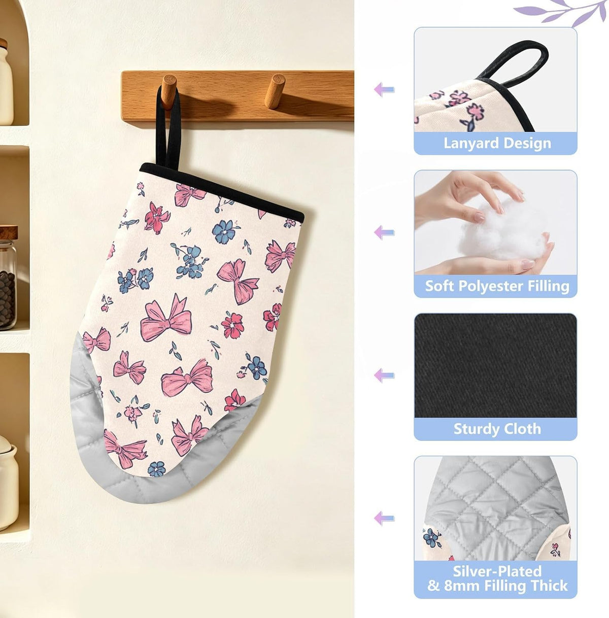 Pink Bows Blue Rose 2pcs Oven Mitts Heat Resistant Kitchen Gloves Great Gift for Cooking Baking