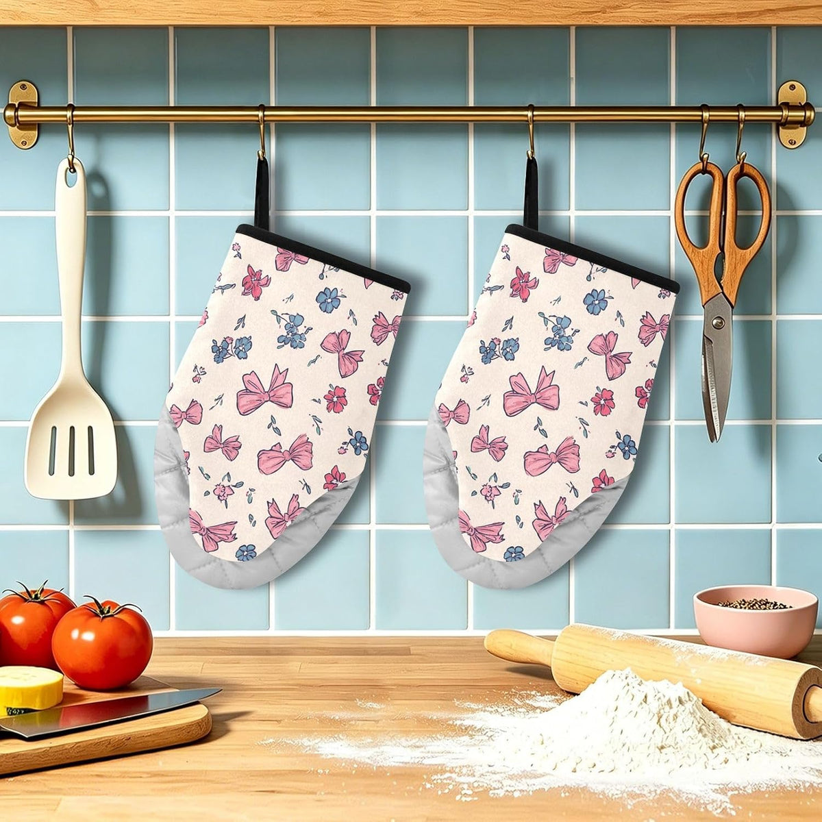 Pink Bows Blue Rose 2pcs Oven Mitts Heat Resistant Kitchen Gloves Great Gift for Cooking Baking