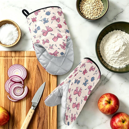 Pink Bows Blue Rose 2pcs Oven Mitts Heat Resistant Kitchen Gloves Great Gift for Cooking Baking