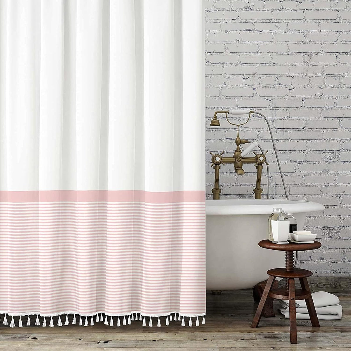 Shower Curtain Tassel, Modern Farmhouse Tassel Pink Striped Shower Curtain with Tassels for Bathroom Decor, 72x72