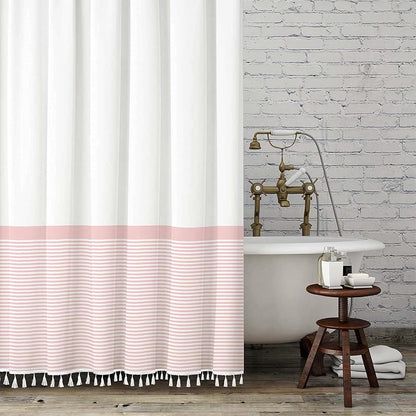 Shower Curtain Tassel, Modern Farmhouse Tassel Pink Striped Shower Curtain with Tassels for Bathroom Decor, 72x72