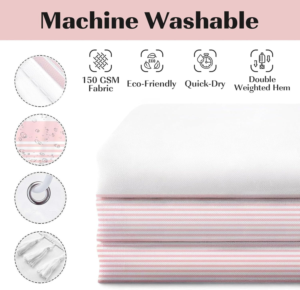 Shower Curtain Tassel, Modern Farmhouse Tassel Pink Striped Shower Curtain with Tassels for Bathroom Decor, 72x72