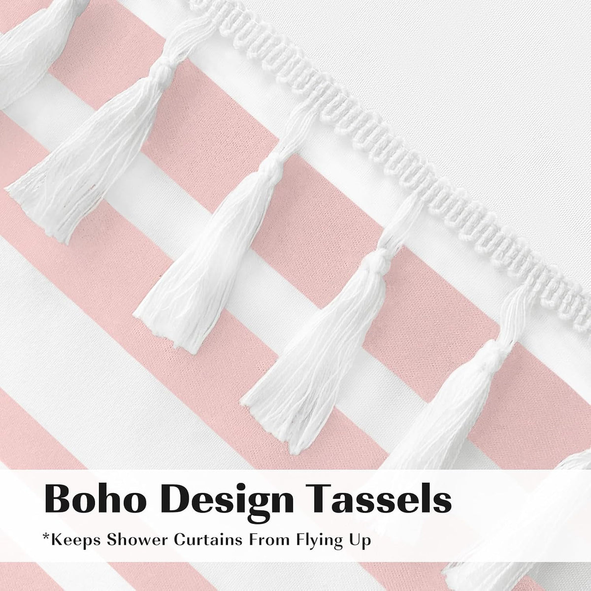 Shower Curtain Tassel, Modern Farmhouse Tassel Pink Striped Shower Curtain with Tassels for Bathroom Decor, 72x72