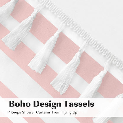 Shower Curtain Tassel, Modern Farmhouse Tassel Pink Striped Shower Curtain with Tassels for Bathroom Decor, 72x72
