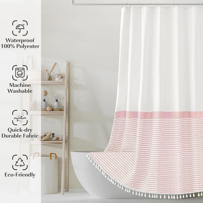 Shower Curtain Tassel, Modern Farmhouse Tassel Pink Striped Shower Curtain with Tassels for Bathroom Decor, 72x72