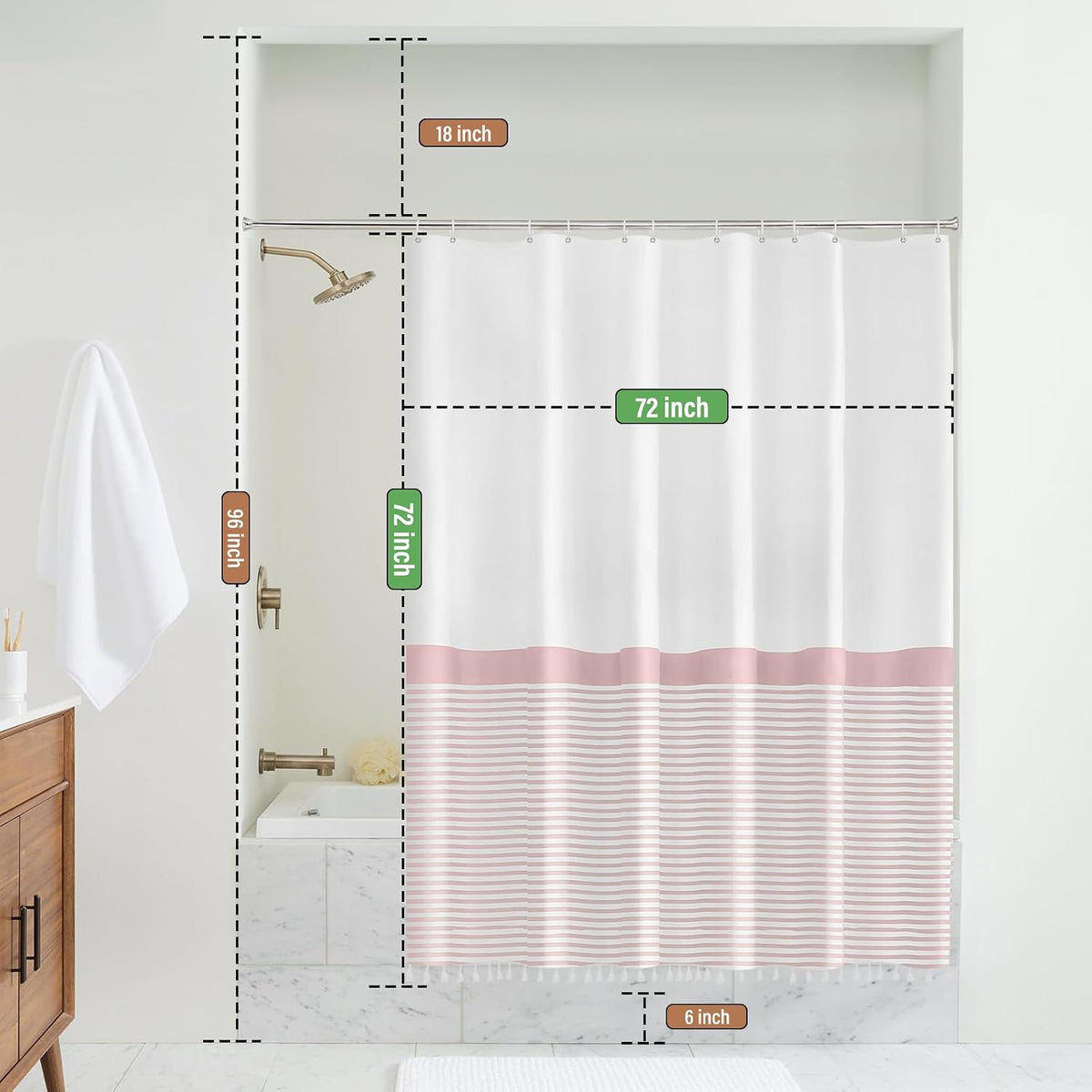 Shower Curtain Tassel, Modern Farmhouse Tassel Pink Striped Shower Curtain with Tassels for Bathroom Decor, 72x72