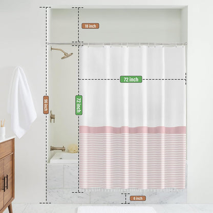 Shower Curtain Tassel, Modern Farmhouse Tassel Pink Striped Shower Curtain with Tassels for Bathroom Decor, 72x72