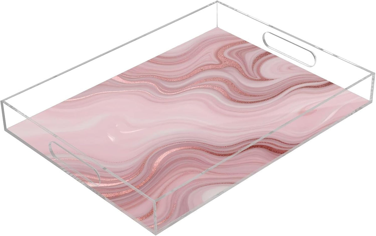 Pink Marble Serving Tray 12" x 16" Acrylic Trays with Handles Decorative Serving Platter for Coffee, Breakfast in Bed, Dinner, Appetizers, Patio, Party