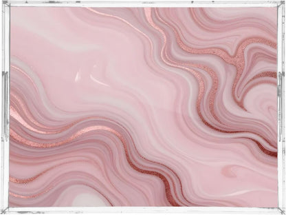 Pink Marble Serving Tray 12" x 16" Acrylic Trays with Handles Decorative Serving Platter for Coffee, Breakfast in Bed, Dinner, Appetizers, Patio, Party