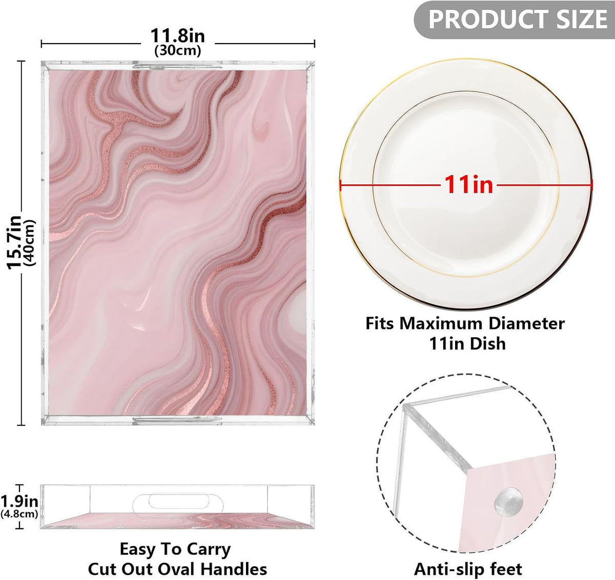 Pink Marble Serving Tray 12" x 16" Acrylic Trays with Handles Decorative Serving Platter for Coffee, Breakfast in Bed, Dinner, Appetizers, Patio, Party