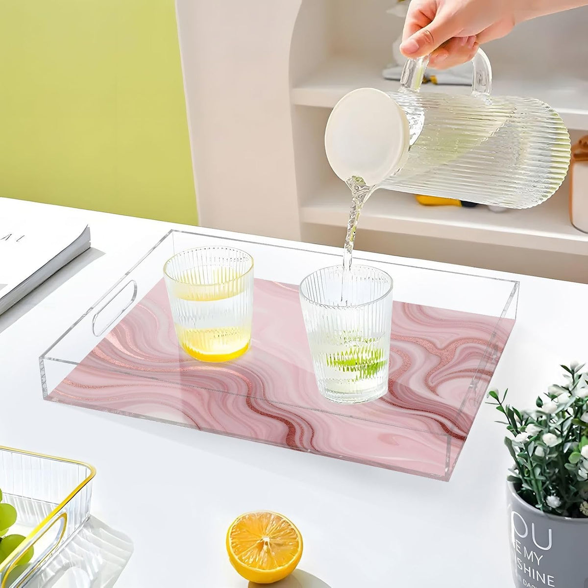 Pink Marble Serving Tray 12" x 16" Acrylic Trays with Handles Decorative Serving Platter for Coffee, Breakfast in Bed, Dinner, Appetizers, Patio, Party