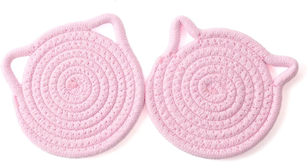 Desk Coaster Cat Coasters Pink Set of 2 Large 4.8 Inch Absorbent Cotton Fabric Drink Coasters for Office Desk Protect Wooden Table Coffee and Tea Decor