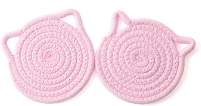 Desk Coaster Cat Coasters Pink Set of 2 Large 4.8 Inch Absorbent Cotton Fabric Drink Coasters for Office Desk Protect Wooden Table Coffee and Tea Decor