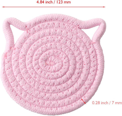Desk Coaster Cat Coasters Pink Set of 2 Large 4.8 Inch Absorbent Cotton Fabric Drink Coasters for Office Desk Protect Wooden Table Coffee and Tea Decor