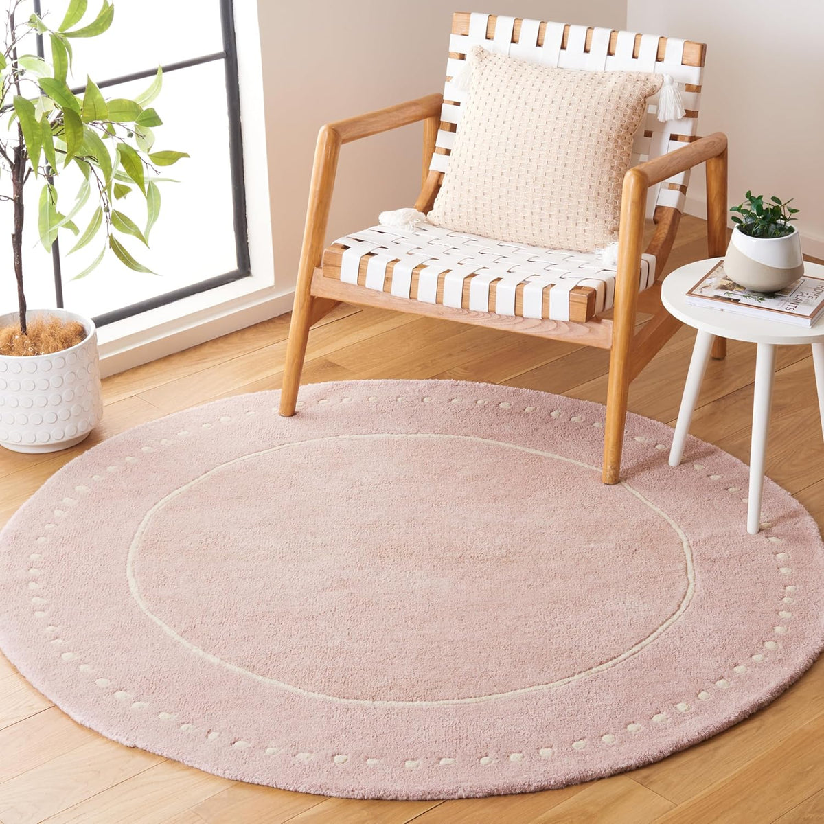 Bella Collection Area Rug - 5' Round, Light Pink & Ivory, Handmade Dotted Border Wool, Ideal for High Traffic Areas in Living Room, Bedroom (BEL151M)