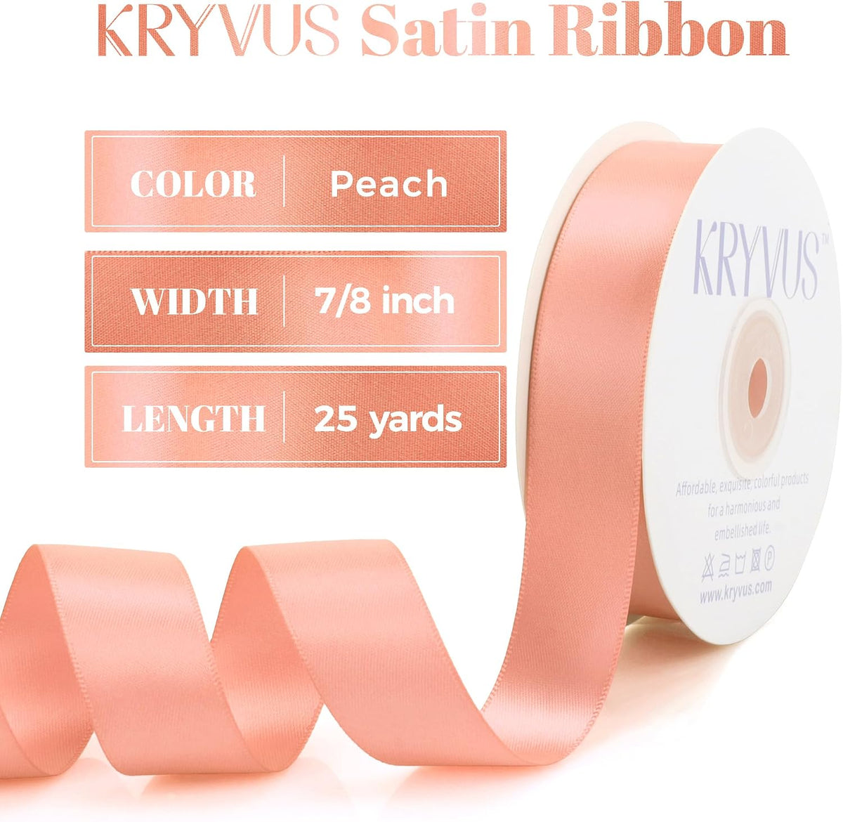 Peach Satin Ribbon, Double Faced 7/8 Inch X 25 Yards Peach Ribbon, Premium Satin Ribbons for Gift Wrapping, Crafts, Hair Bow Making, Sewing, Flower Bouquet, Wedding Party Decor