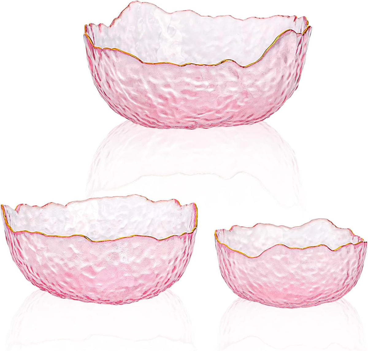 Set of 3 Glass Salad Bowls, Pink Serving Bowls for Kitchen Prep, Decorative Large Candy Bowl, Irregular Shape Space Saving Nesting Set for Salad, Fruit, Snack, Dessert