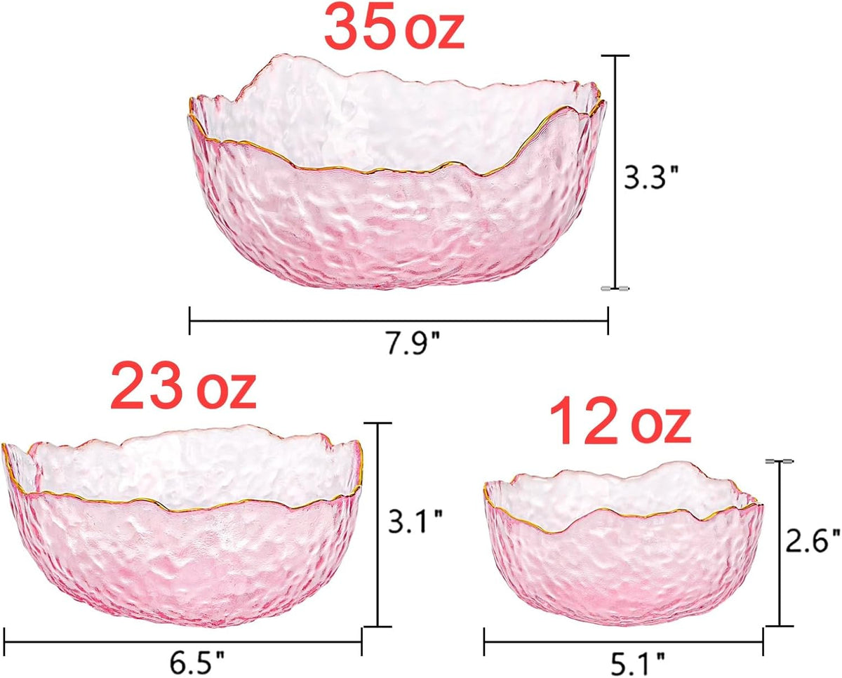 Set of 3 Glass Salad Bowls, Pink Serving Bowls for Kitchen Prep, Decorative Large Candy Bowl, Irregular Shape Space Saving Nesting Set for Salad, Fruit, Snack, Dessert