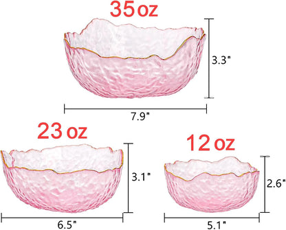 Set of 3 Glass Salad Bowls, Pink Serving Bowls for Kitchen Prep, Decorative Large Candy Bowl, Irregular Shape Space Saving Nesting Set for Salad, Fruit, Snack, Dessert