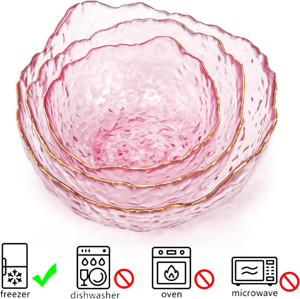 Set of 3 Glass Salad Bowls, Pink Serving Bowls for Kitchen Prep, Decorative Large Candy Bowl, Irregular Shape Space Saving Nesting Set for Salad, Fruit, Snack, Dessert