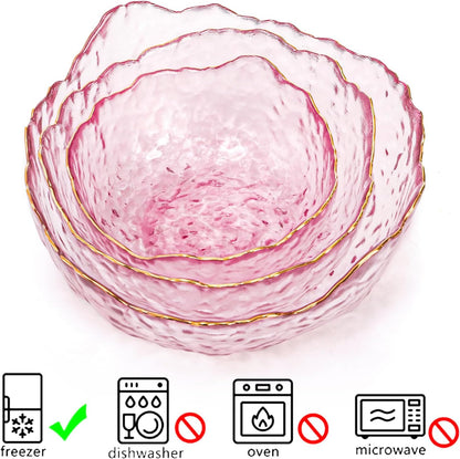 Set of 3 Glass Salad Bowls, Pink Serving Bowls for Kitchen Prep, Decorative Large Candy Bowl, Irregular Shape Space Saving Nesting Set for Salad, Fruit, Snack, Dessert