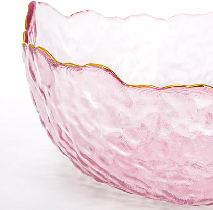 Set of 3 Glass Salad Bowls, Pink Serving Bowls for Kitchen Prep, Decorative Large Candy Bowl, Irregular Shape Space Saving Nesting Set for Salad, Fruit, Snack, Dessert