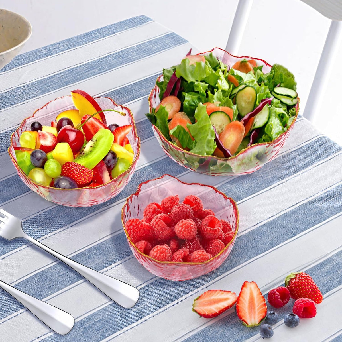 Set of 3 Glass Salad Bowls, Pink Serving Bowls for Kitchen Prep, Decorative Large Candy Bowl, Irregular Shape Space Saving Nesting Set for Salad, Fruit, Snack, Dessert