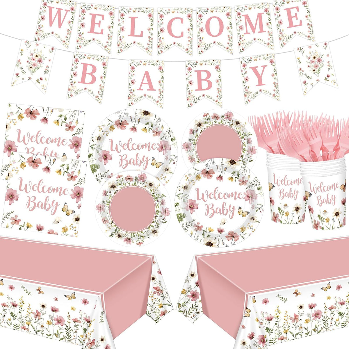 128 Pcs Pink Floral Baby Shower Party Decoration Girl for 25 Guests, Wildflower Welcome Baby Shower Paper Plates Napkins Cups Tablecloth Forks Banner for Spring Gender Reveal Party Supplies