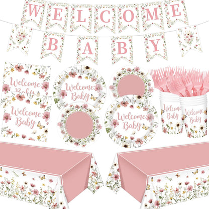 128 Pcs Pink Floral Baby Shower Party Decoration Girl for 25 Guests, Wildflower Welcome Baby Shower Paper Plates Napkins Cups Tablecloth Forks Banner for Spring Gender Reveal Party Supplies