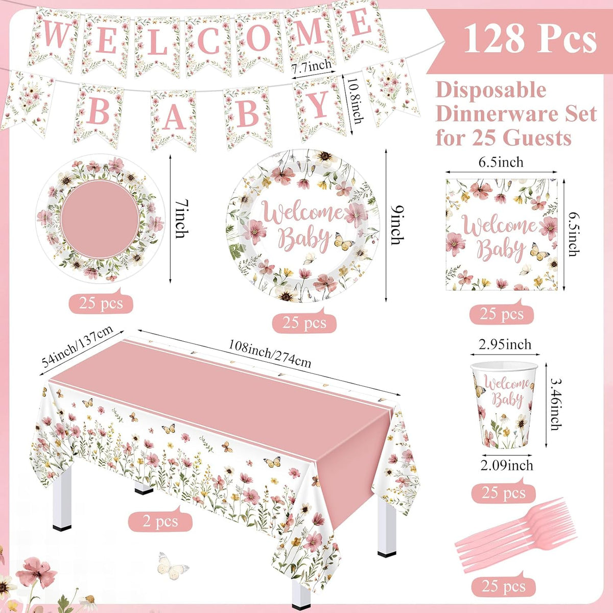 128 Pcs Pink Floral Baby Shower Party Decoration Girl for 25 Guests, Wildflower Welcome Baby Shower Paper Plates Napkins Cups Tablecloth Forks Banner for Spring Gender Reveal Party Supplies
