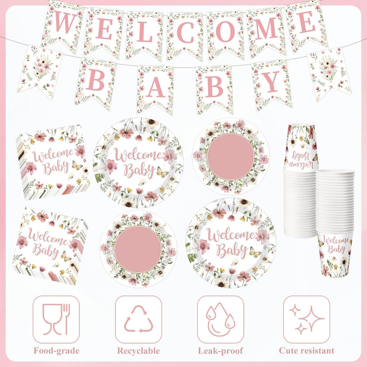 128 Pcs Pink Floral Baby Shower Party Decoration Girl for 25 Guests, Wildflower Welcome Baby Shower Paper Plates Napkins Cups Tablecloth Forks Banner for Spring Gender Reveal Party Supplies
