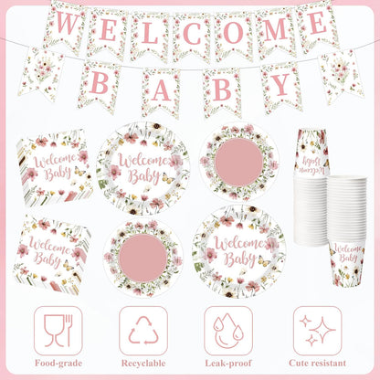 128 Pcs Pink Floral Baby Shower Party Decoration Girl for 25 Guests, Wildflower Welcome Baby Shower Paper Plates Napkins Cups Tablecloth Forks Banner for Spring Gender Reveal Party Supplies