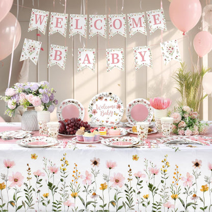128 Pcs Pink Floral Baby Shower Party Decoration Girl for 25 Guests, Wildflower Welcome Baby Shower Paper Plates Napkins Cups Tablecloth Forks Banner for Spring Gender Reveal Party Supplies