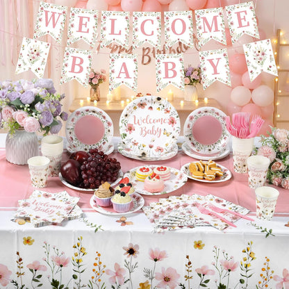 128 Pcs Pink Floral Baby Shower Party Decoration Girl for 25 Guests, Wildflower Welcome Baby Shower Paper Plates Napkins Cups Tablecloth Forks Banner for Spring Gender Reveal Party Supplies