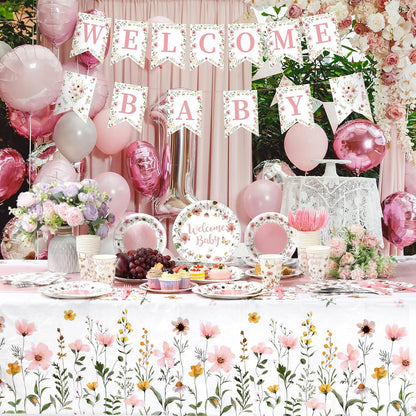 128 Pcs Pink Floral Baby Shower Party Decoration Girl for 25 Guests, Wildflower Welcome Baby Shower Paper Plates Napkins Cups Tablecloth Forks Banner for Spring Gender Reveal Party Supplies